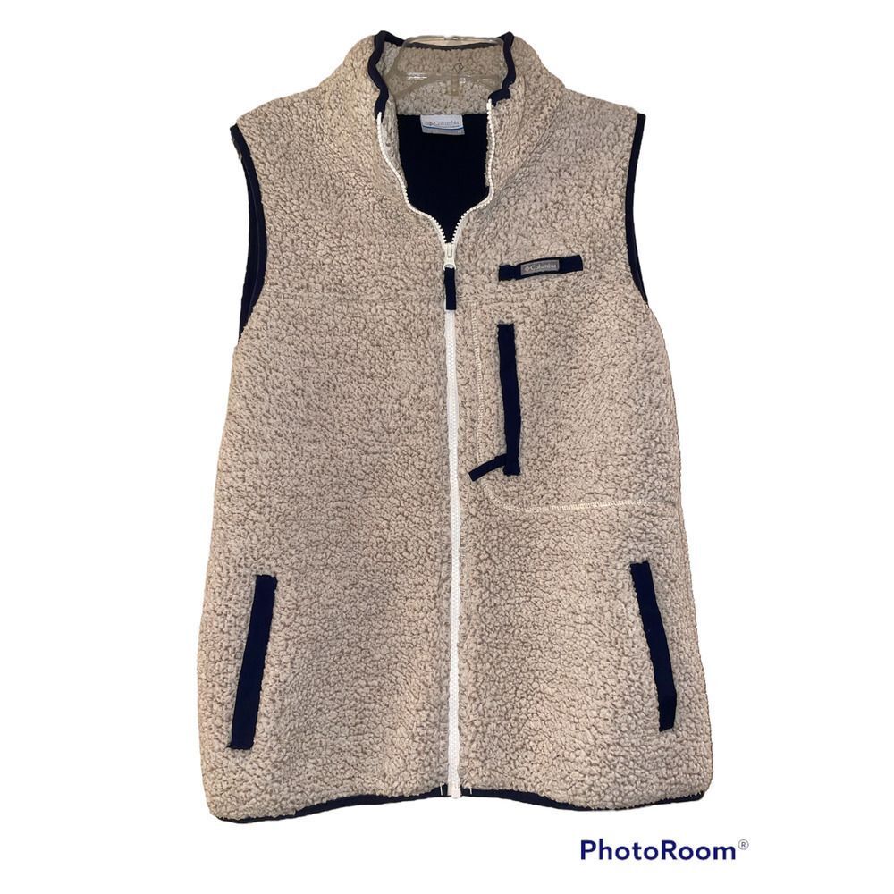 COLUMBIA Textured Cream Women's Vest With Navy Trim Details/Lining Size M
